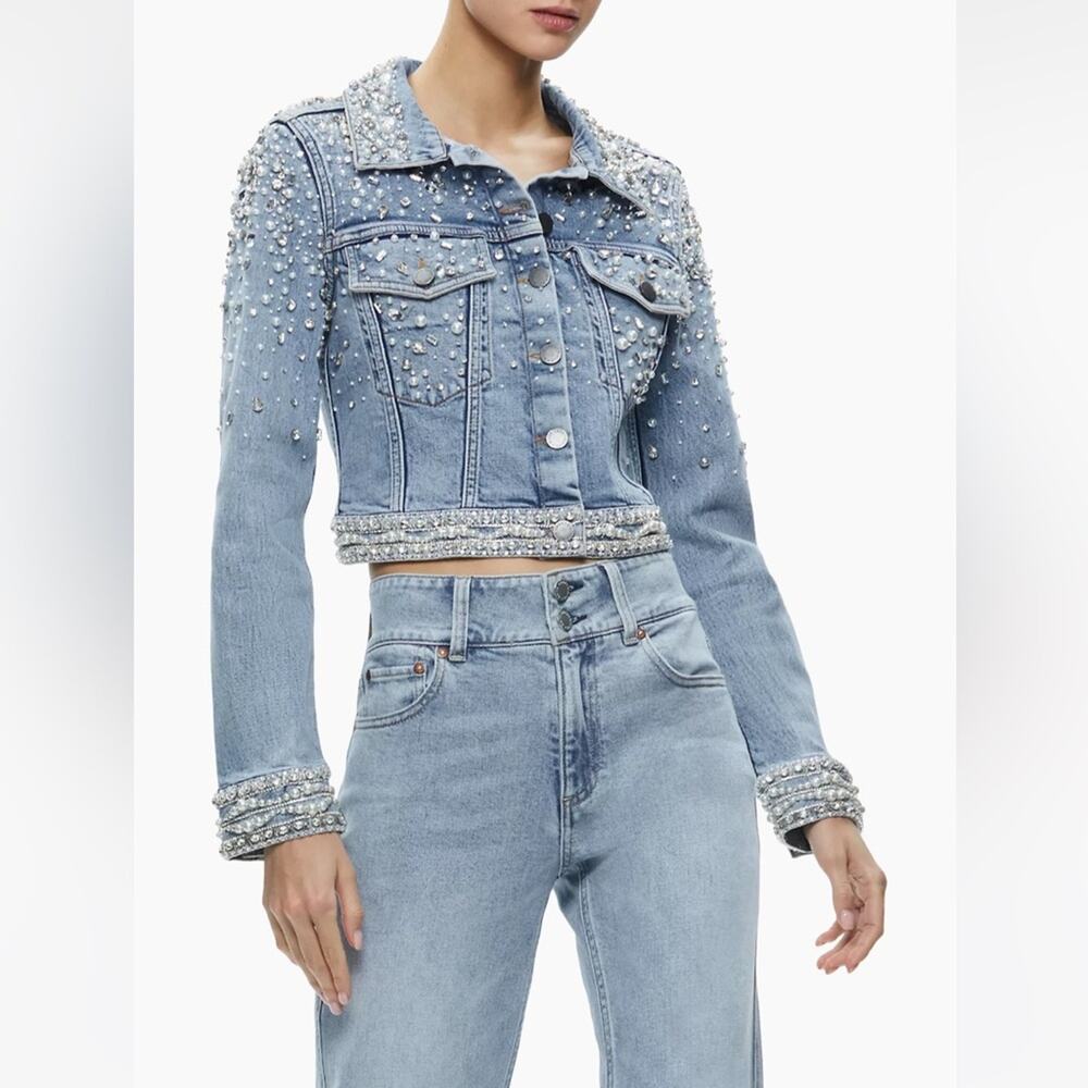 ALICE + OLIVIA Nelson Embellished Beaded Cropped Fitted Denim Jean Jacket Md NEW - Picture 4 of 15
